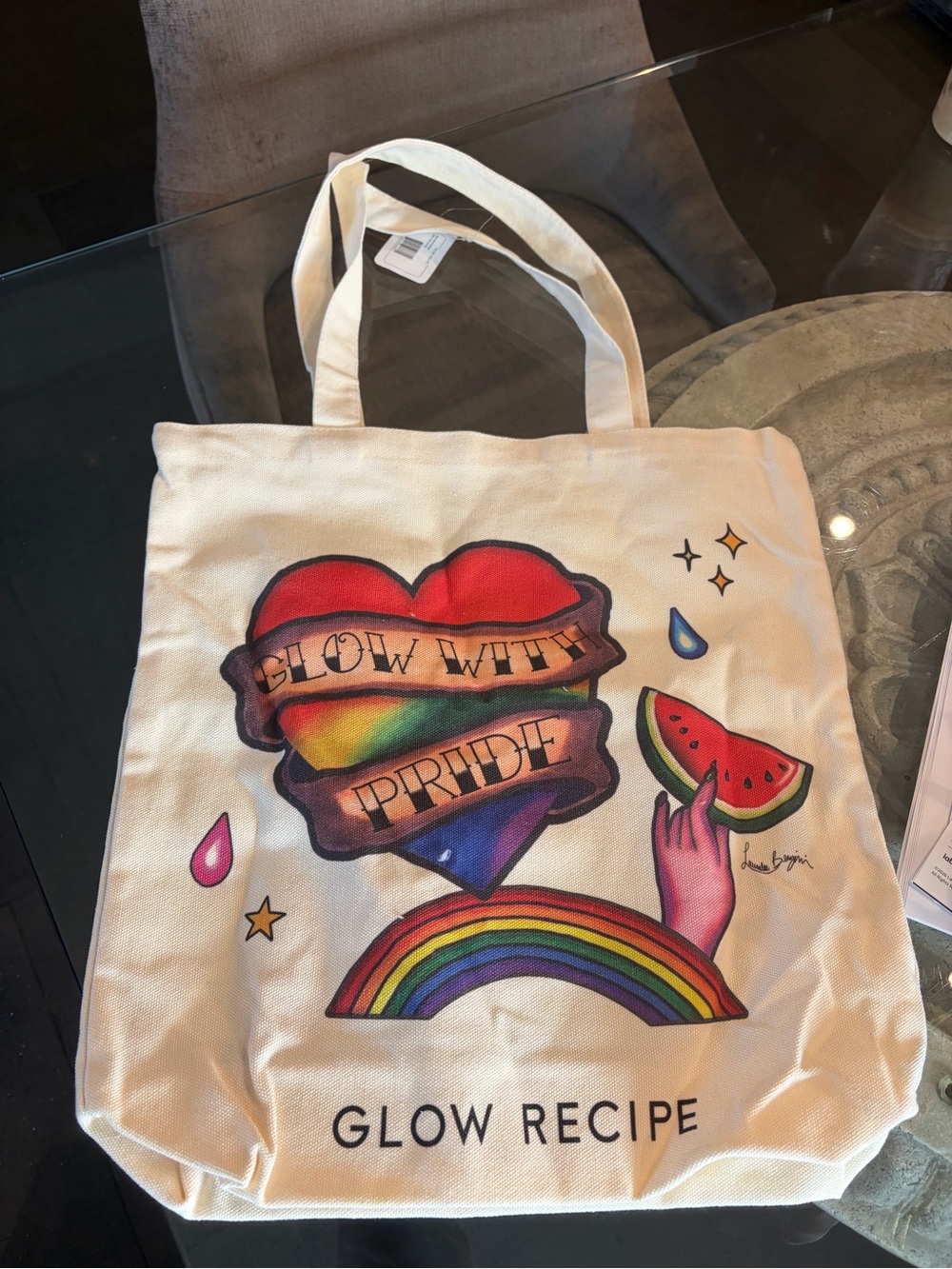 Glow Recipe Cream Canvas Rainbow Heart Tote and temporary tattoos!